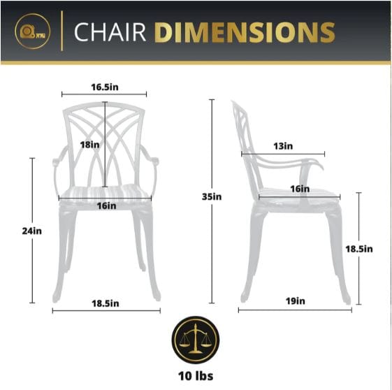 Diagram showing patio chair dimensions: 35 inches tall, 18.5 inches wide, 16-inch seat depth, and 24-inch armrest height, weighing 10 pounds.