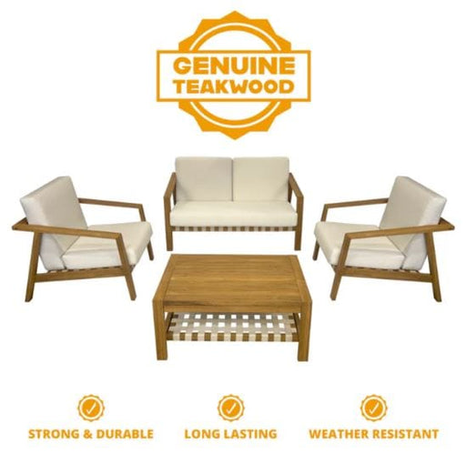 Teakwood patio furniture set with loveseat, two armchairs, and coffee table, highlighting durability, weather resistance, and longevity.