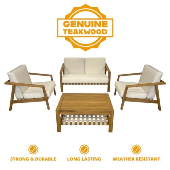 Teakwood patio furniture set with loveseat, two armchairs, and coffee table, highlighting durability, weather resistance, and longevity.