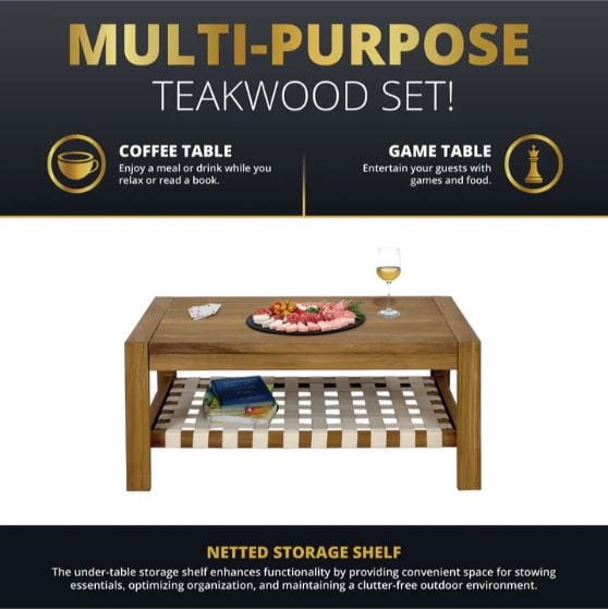 Teakwood coffee table with under-table netted storage shelf, showcasing multi-purpose use for dining, games, and clutter-free organization.