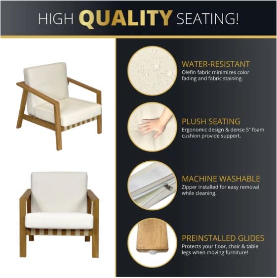 Teakwood armchairs with water-resistant olefin fabric, plush 5-inch cushions, machine-washable covers, and preinstalled glides for floor protection.