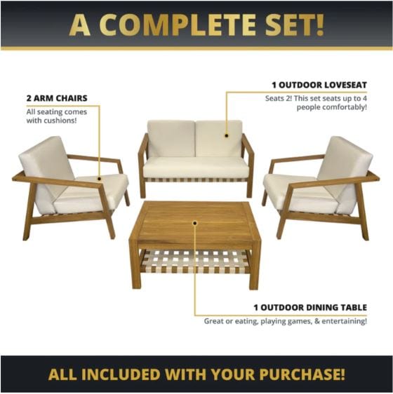 Outdoor furniture set featuring two armchairs, a loveseat for two, and a coffee table, all with cushions, perfect for entertaining and dining.