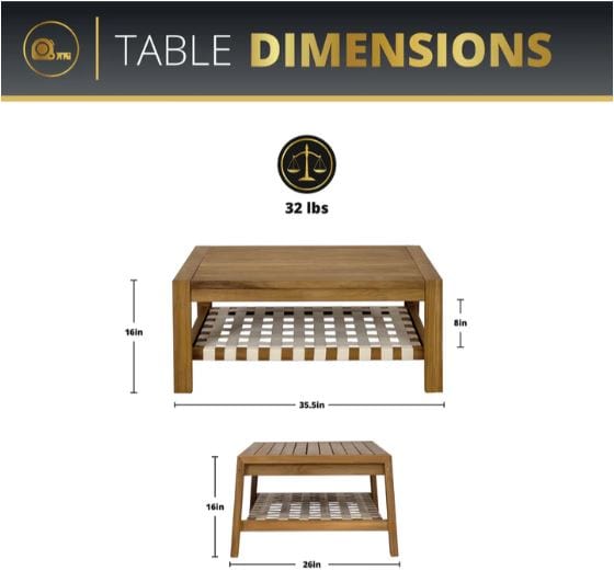 Dimensions of an outdoor coffee table, showing measurements of 35.5x26x16 inches, featuring a netted lower shelf, weighing 32 lbs.