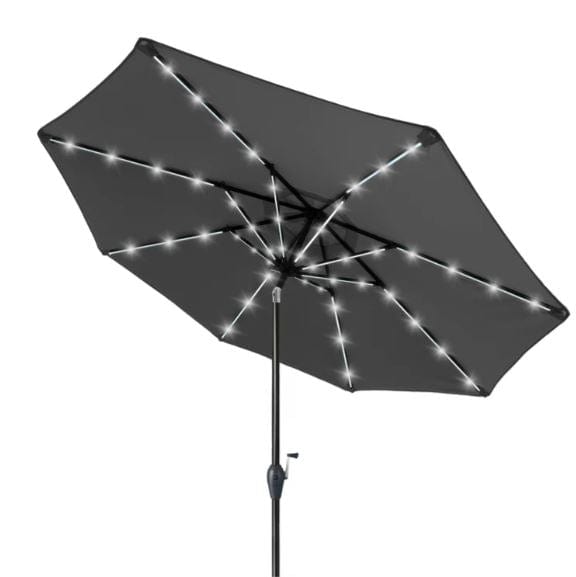 Gray patio umbrella with solar-powered LED lights along the ribs, adjustable tilt feature, and sturdy black metal pole.