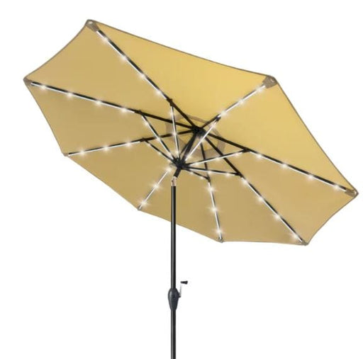 Beige patio umbrella with solar-powered LED lights along the ribs, adjustable tilt feature, and sturdy black metal pole.