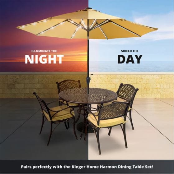 Patio umbrella over outdoor dining set, showcasing LED lights for nighttime illumination and UV-resistant canopy for daytime shade.