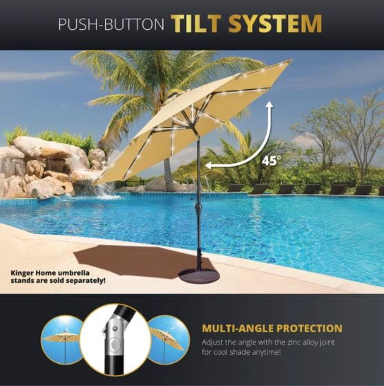 Patio umbrella by poolside with push-button tilt system allowing 45-degree adjustment for multi-angle shade protection. Base sold separately.