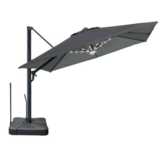 Cantilever patio umbrella with a gray canopy, solar-powered LED lights, sturdy base, and adjustable arm for versatile outdoor shading.