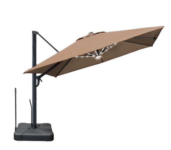 Cantilever patio umbrella with a beige canopy, solar-powered LED lights, sturdy base, and adjustable arm for versatile outdoor shading.