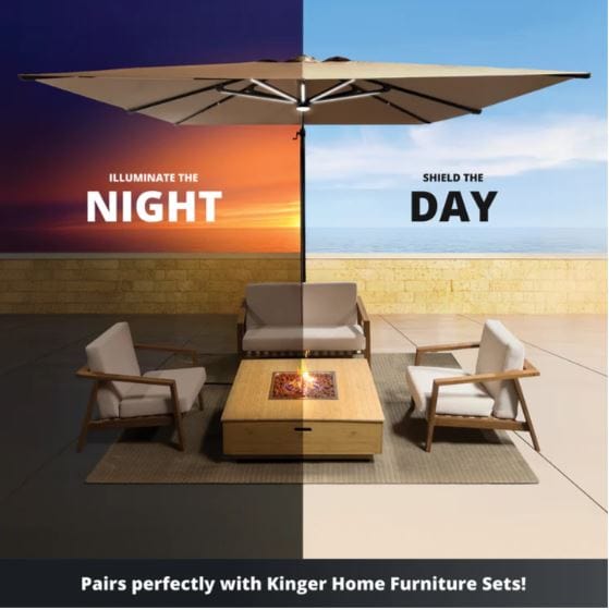 Patio umbrella providing day shade and solar-powered night illumination, paired with modern outdoor furniture around a fire pit table.