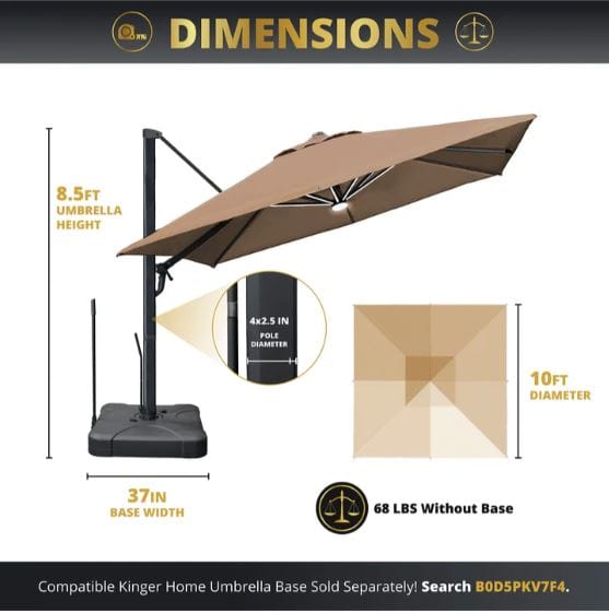 Patio umbrella dimensions showing 10 ft diameter, 8.5 ft height, 37 in base width, 4x2.5 in pole diameter, and 68 lbs weight without base.