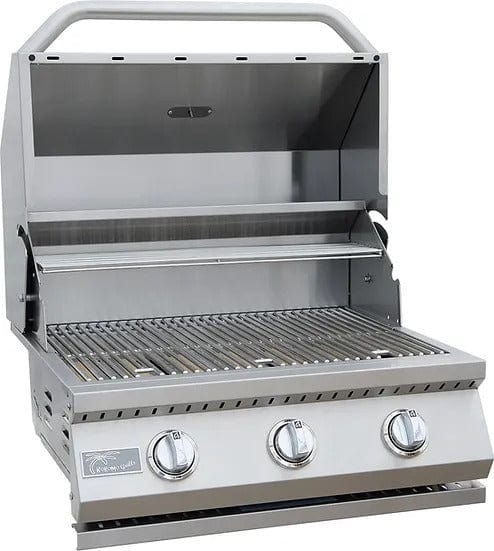 A stainless steel built-in gas grill with three burners, featuring a polished hood and control knobs, hood in open position