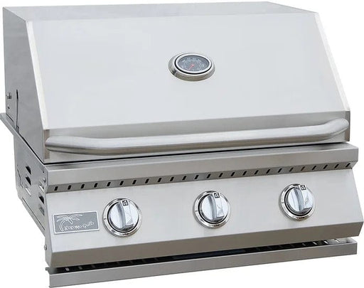 A stainless steel built-in gas grill with three burners, featuring a polished hood and control knobs, hood in closed position