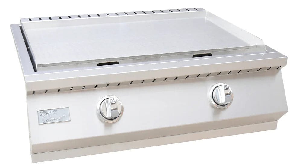 Stainless steel built-in outdoor griddle with no lid to show the flat cooking surface, dual control knobs, illuminated lights, and sleek modern design