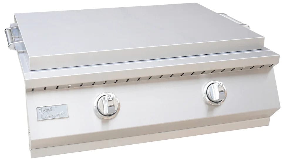 Stainless steel built-in outdoor griddle with lid on, shows its sleek design, illuminated control knobs, dual burners, and a flat cooking surface