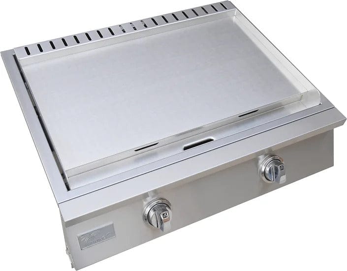 Top down view of stainless steel built-in outdoor griddle with dual control knobs, sleek lid, and a spacious flat cooking surface