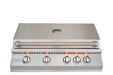 Stainless steel built-in gas grill with closed lid, four illuminated control knobs, and a sleek modern outdoor cooking design.