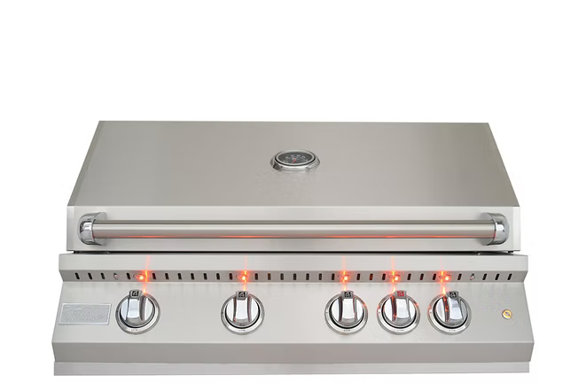 Stainless steel built-in gas grill with closed lid, four illuminated control knobs, and a sleek modern outdoor cooking design.