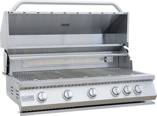 A stainless steel built-in gas grill with six burner knobs, featuring a polished hood and control knobs, hood in open position