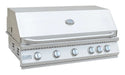 A stainless steel built-in gas grill with six burner knobs, featuring a polished hood and control knobs, hood in closed position