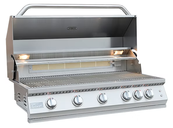 Stainless steel built-in gas grill with open lid, interior lighting, wide cooking grates, and six illuminated control knobs for outdoor cooking.