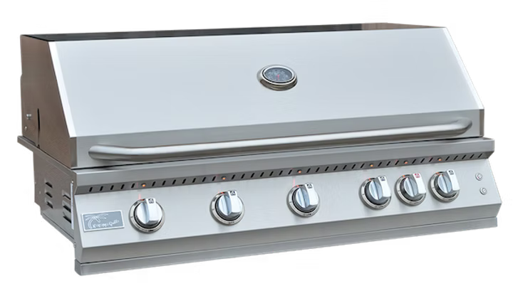 Stainless steel built-in gas grill with closed lid, temperature gauge, and six illuminated control knobs in a sleek outdoor cooking design.