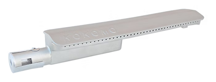 Stainless steel gas grill burner tube shown separately, featuring precision ports and a durable construction for consistent flame output.