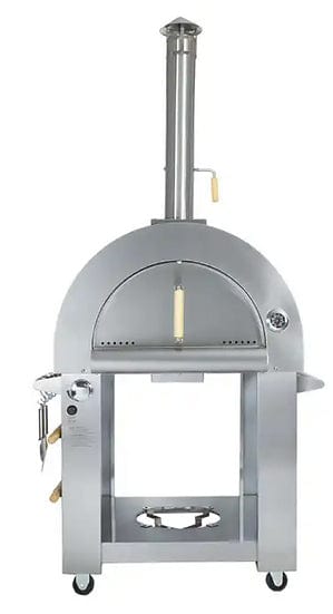 Stainless steel outdoor pizza oven with a chimney, built-in temperature gauge, spacious cooking chamber, and freestanding design with wheels