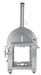 Stainless steel outdoor pizza oven with a chimney, built-in temperature gauge, spacious cooking chamber, and freestanding design with wheels