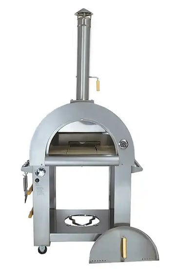 Stainless steel outdoor pizza oven with removable door, chimney, built-in temperature gauge, and spacious interior on a freestanding cart