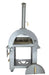 Stainless steel outdoor pizza oven with removable door, chimney, built-in temperature gauge, and spacious interior on a freestanding cart