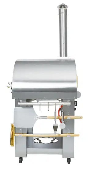 Side view of a stainless steel outdoor pizza oven with a chimney, tool hooks, attached cooking accessories, and a freestanding cart design
