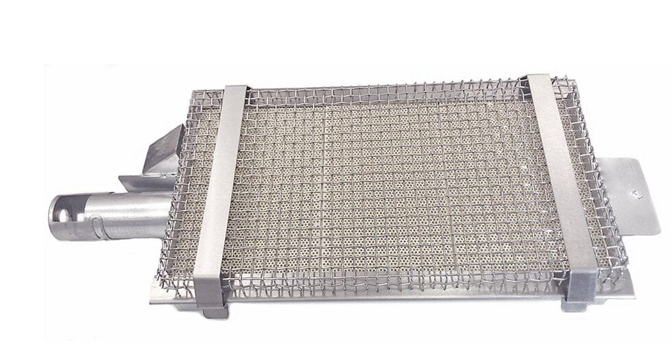 Stainless steel infrared sear burner with a mesh design, featuring precision heat distribution for high-temperature searing on grills