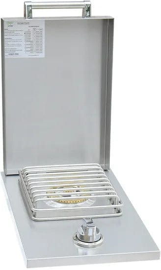 Stainless steel outdoor single burner with open lid, control knob, and cooking grid visible