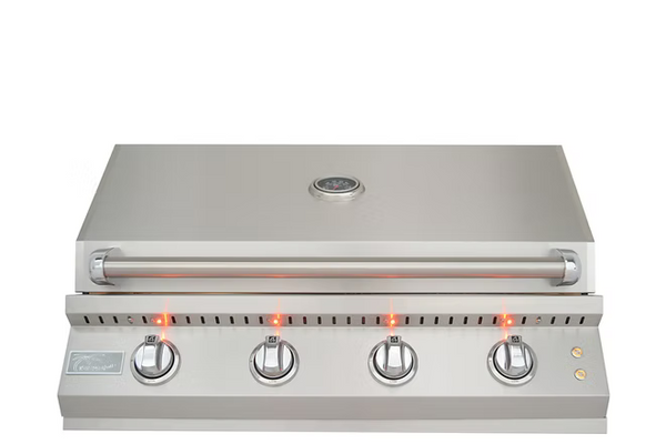 Stainless steel built-in gas grill with closed lid, four control knobs illuminated by orange LED lights, and a sleek modern outdoor design.