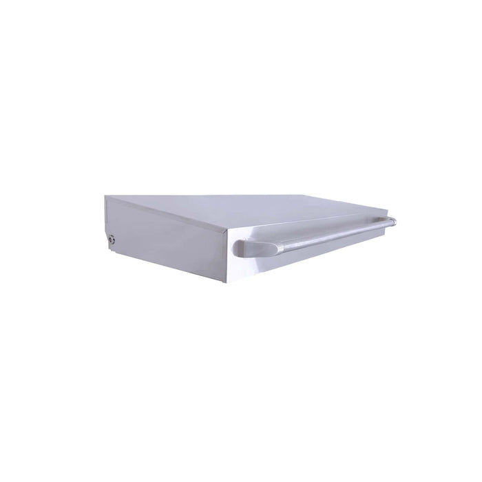Angled view of a stainless steel griddle lid with a long front handle and sleek metal finish on a white background.