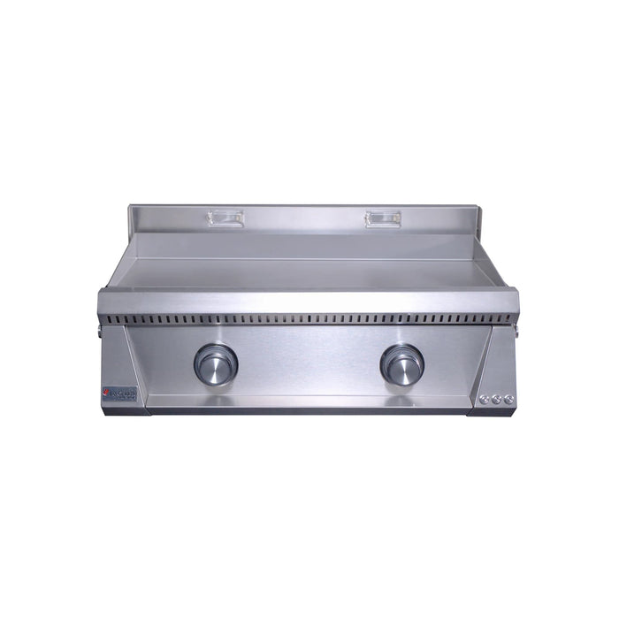 Stainless steel gas griddle with dual control knobs, flat-top cooking surface, raised backsplash, and integrated cooking lights.