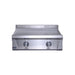 Stainless steel gas griddle with dual control knobs, flat-top cooking surface, raised backsplash, and integrated cooking lights.