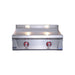 Stainless steel gas griddle with red illuminated control knobs and dual cooking lights shining over the flat-top surface.