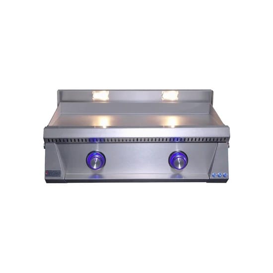 Stainless steel gas griddle with illuminated blue control knobs and dual built-in cooking surface lights.