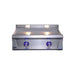 Stainless steel gas griddle with illuminated blue control knobs and dual built-in cooking surface lights.