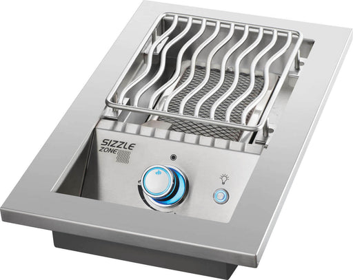 Stainless steel outdoor infrared burner with wave cooking grids, ergonomic control knob, ignition button, and sleek built-in design.