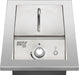 Stainless steel outdoor burner with protective lid, ergonomic control knob, ignition button, and built-in design for custom kitchens.