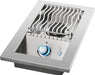 Stainless steel built-in single burner with wavy grill grates, blue-lit control knob, and push-button ignition, for outdoor cooking.