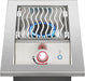 Stainless steel outdoor burner with wavy grill grates, red-lit control knob, and visible blue flame for efficient cooking.