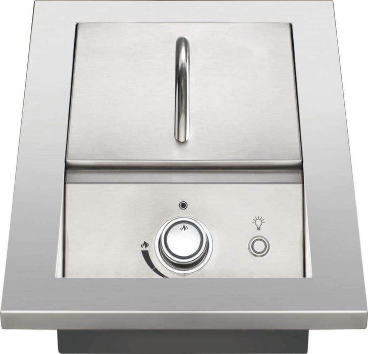 Stainless steel outdoor burner with a closed lid featuring a handle, a sleek control knob, and a push-button ignition system.