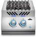 Stainless steel double burner with wavy grill grates, two blue-lit control knobs, and a push-button ignition for outdoor cooking.