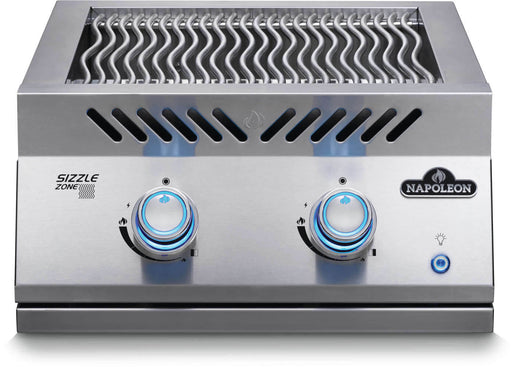 Stainless steel double burner with wavy grill grates, blue-lit control knobs, side vents, and push-button ignition for grilling.