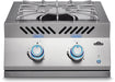 Stainless steel double burner with sturdy pot supports, blue-lit control knobs, and side vents, designed for outdoor cooking.