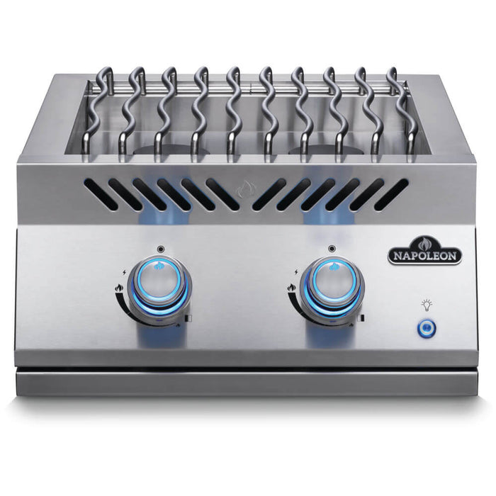 Stainless steel double burner with wavy grill grates, blue-lit control knobs, and side vents, designed for outdoor grilling and cooking.